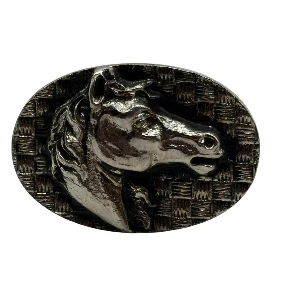 Horse‎ Mustang Cufflinks Vintage Silver Tone Oval Bullet Back Textured Stallion